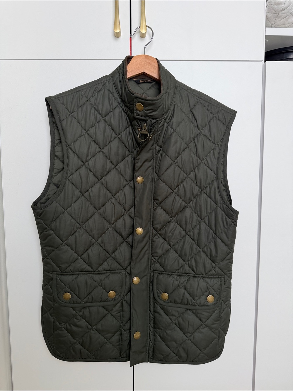 Barbour Quilted Olive Green Vest with Brass Snap Buttons